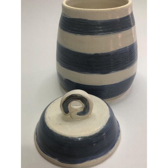Hand Thrown 7" Blue & White Stripe Pottery Canister Container Signed ck Studio - Picture 2 of 4